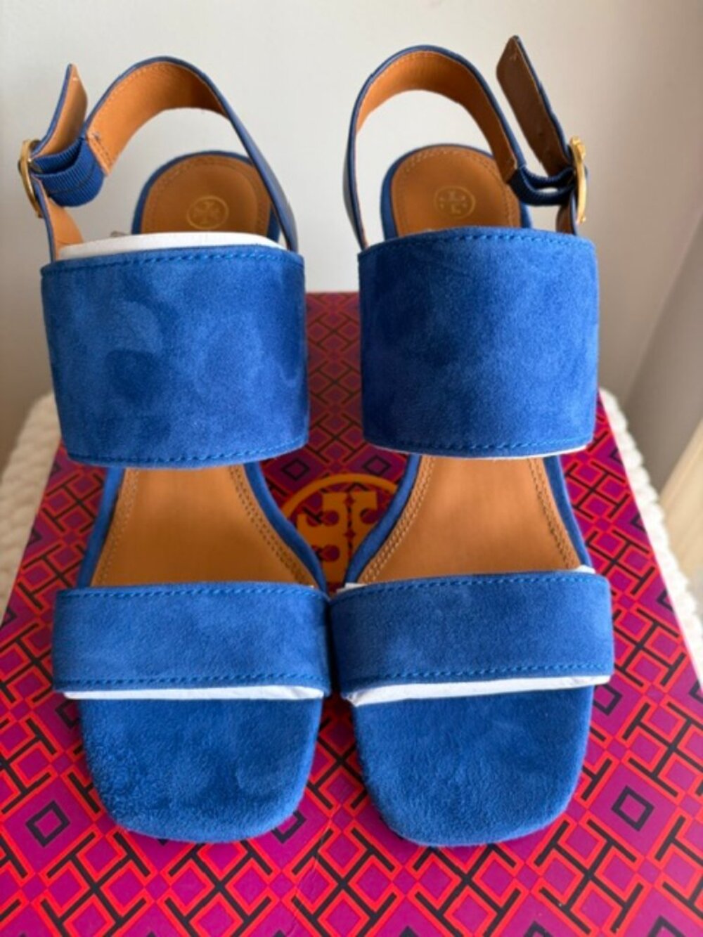 💙 Tory Burch Selby Suede Block Heel Sandals – Nautical Blue – Size 9